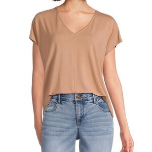 Gibson & Latimer Knit V-Neck Dropped Short Sleeve Shell Shirttail Light Pink EUC